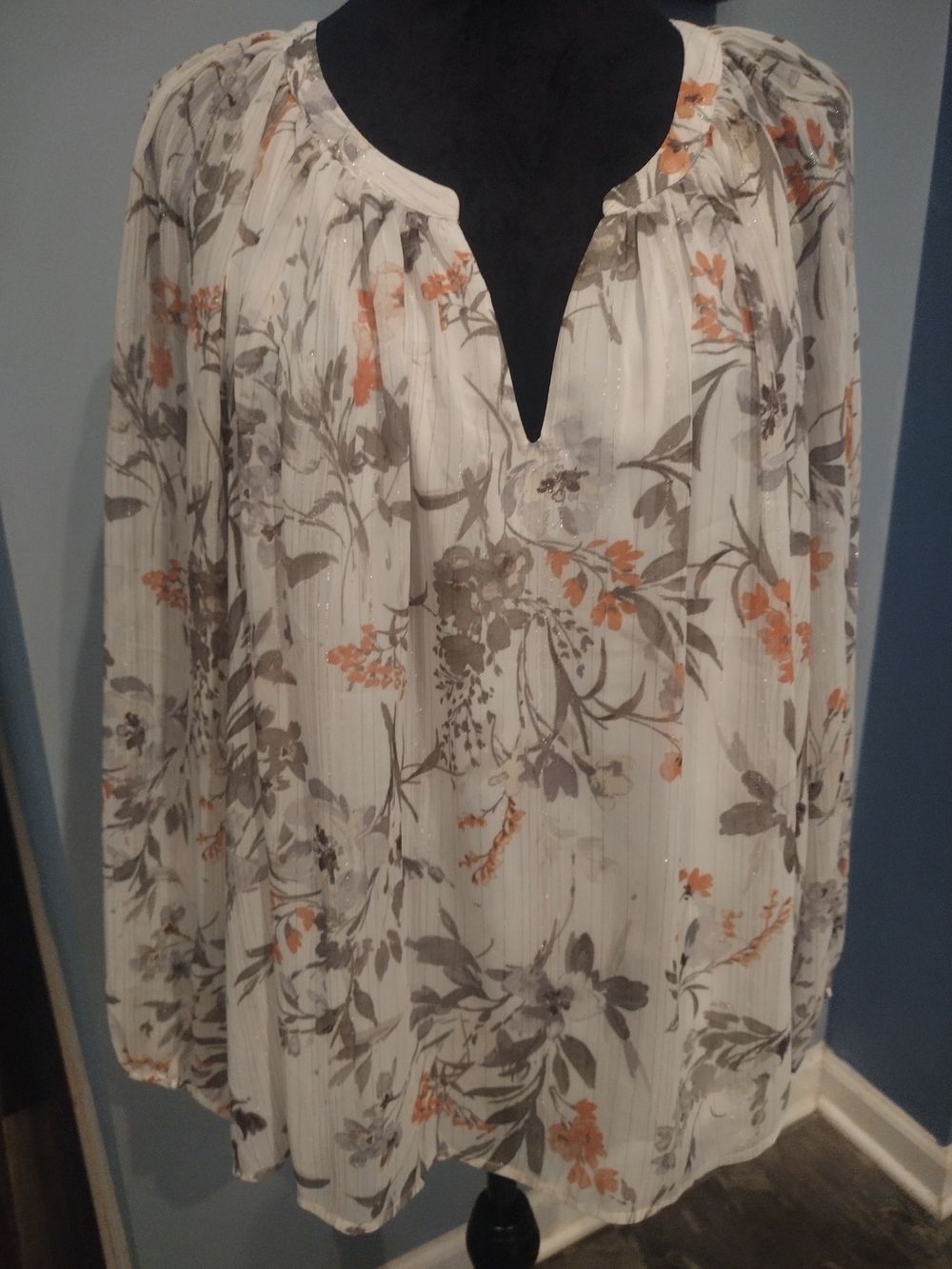 NWT My Danielle Floral Peasant Blouse - Cream with Gray & Orange Floral